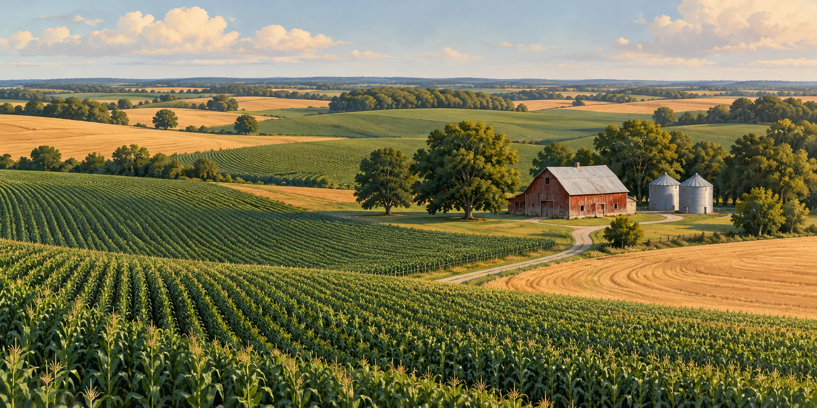 Original painted illustration of a Midwestern farm, with crop fields, a barn, and grain bins